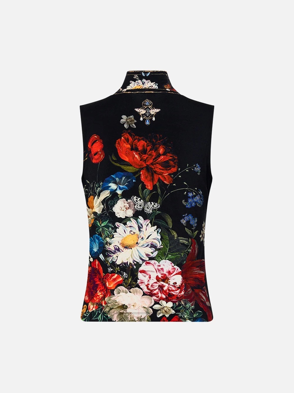 Camilla Black Floral Sleeveless Mock Neck Top